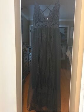 Black Lace Maxi Dress with Sheer Overlay
